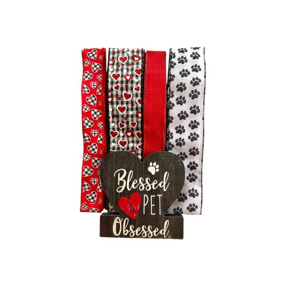 Blessed & Pet Obsessed Sign Ribbon Bundle Set, Paw Print DIY Wreath Making Kit - Picture 1 of 6